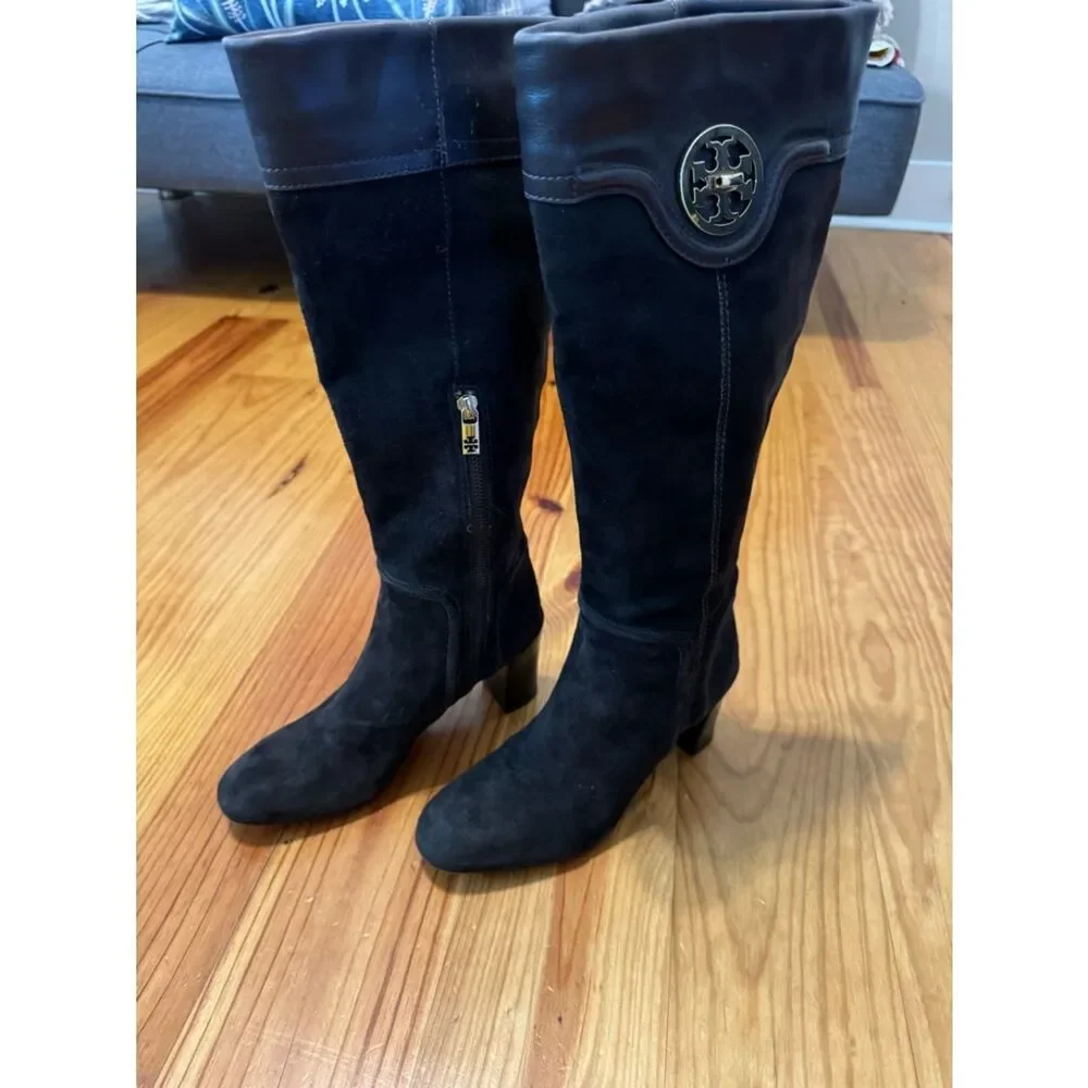 Tory Burch Selma Mid Heel Tall Riding Boots Womens SIZE 8.5M Brown Suede Leather